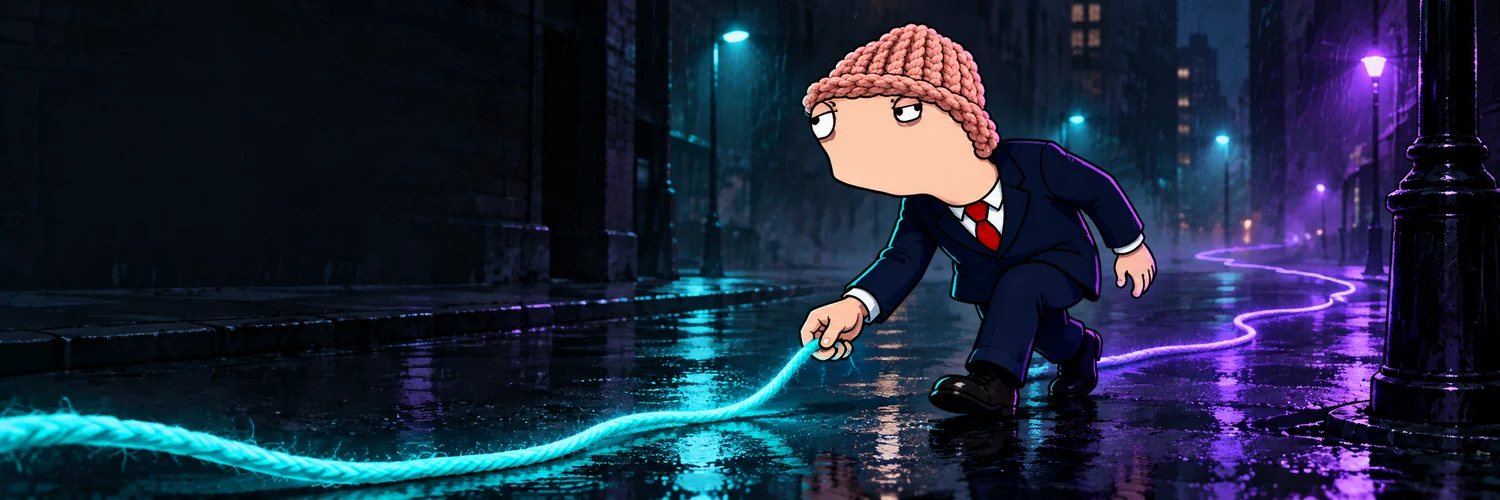 Hunter Wif Boden following a glowing thread through a neon night street