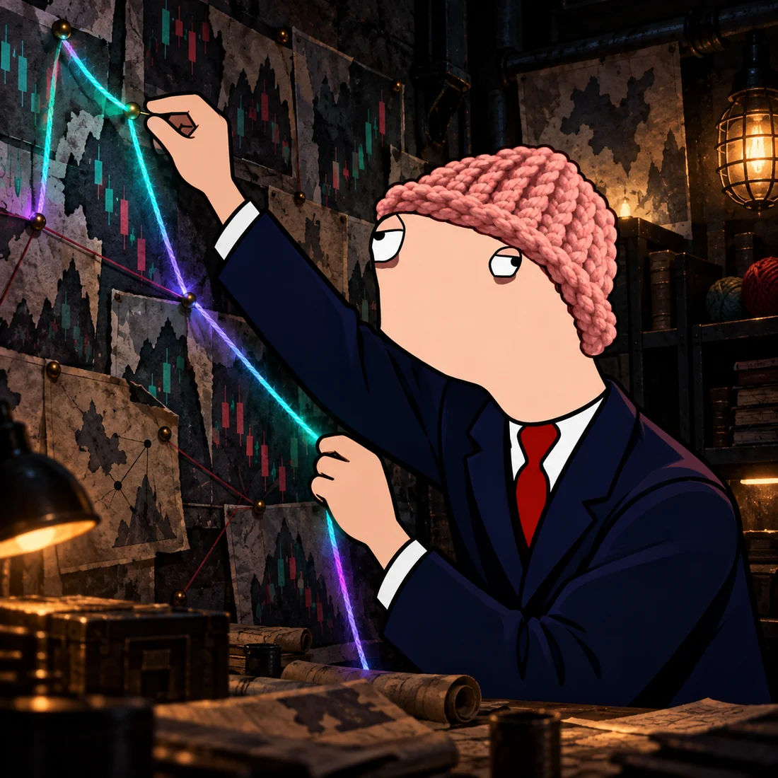 Hunter Wif Boden tracing a glowing thread inside a noir yarn bunker